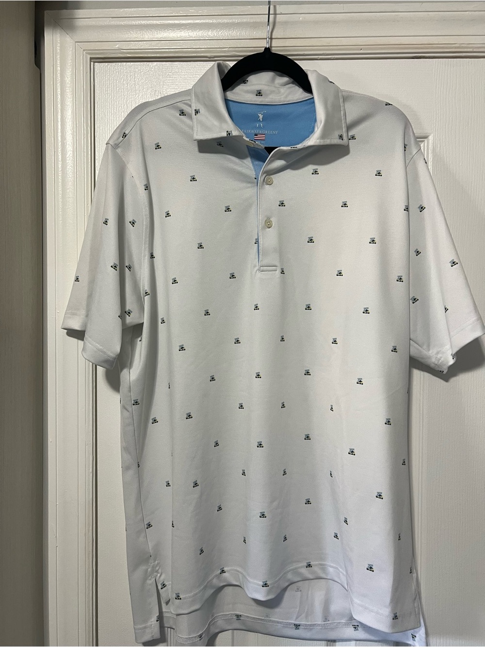 Fairway& Greene Men's White Polo Shirt with Golf Cart Micro Print